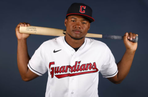 GOODYEAR, ARIZONA – MARCH 22: Oscar Gonzalez #90 of the Cleveland Guardians poses during Photo Day at Goodyear Ballpark on March 22, 2022 in Goodyear, Arizona. (Photo by Chris Coduto/Getty Images)