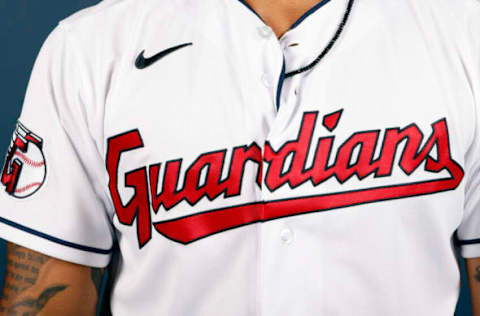 GOODYEAR, ARIZONA – MARCH 22: A detail view of the logo on the jersey worn by Bobby Bradley #44 of the Cleveland Guardians poses during Photo Day at Goodyear Ballpark on March 22, 2022 in Goodyear, Arizona. (Photo by Chris Coduto/Getty Images)