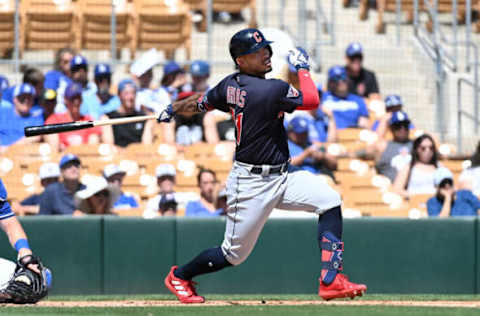 GLENDALE, ARIZONA – MARCH 23: Gabriel Arias #71 of the Cleveland Guardians follows through on a swing against the Los Angeles Dodgers during a spring training game at Camelback Ranch on March 23, 2022 in Glendale, Arizona. (Photo by Norm Hall/Getty Images)