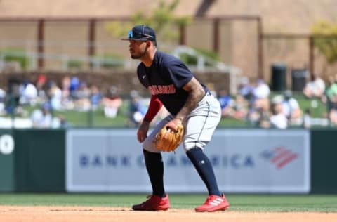 GLENDALE, ARIZONA – MARCH 23: Gabriel Arias #71 of the Cleveland Guardians gets ready to make a play against the Los Angeles Dodgers during a spring training game at Camelback Ranch on March 23, 2022 in Glendale, Arizona. (Photo by Norm Hall/Getty Images)