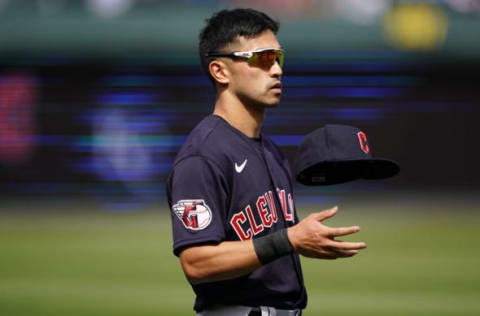 KANSAS CITY, MO – APRIL 09: Steven Kwan #38 of the Cleveland Guardians prepares for the game against the Kansas City Royals at Kauffman Stadium on April 9, 2022 in Kansas City, Missouri. (Photo by Kyle Rivas/Getty Images)