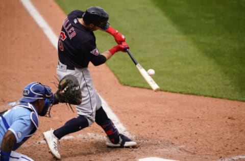 KANSAS CITY, MO – APRIL 10: Owen Miller #6 of the Cleveland Guardians connects with a Kansas City Royals pitch in the fifth inning at Kauffman Stadium on April 10, 2022 in Kansas City, Missouri. (Photo by Kyle Rivas/Getty Images)