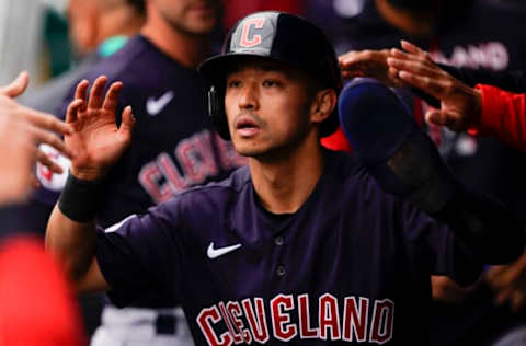 KANSAS CITY, MISSOURI – APRIL 11: Steven Kwan #38 of the Cleveland Guardians celebrates scoring the second run of the game against the Kansas City Royals during the first inning at Kauffman Stadium on April 11, 2022 in Kansas City, Missouri. (Photo by Kyle Rivas/Getty Images)