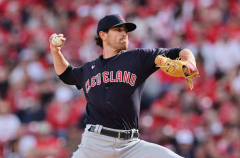 CINCINNATI, OHIO – APRIL 12: Shane Bieber #57 of the Cleveland Guardians throws a pitch against the Cincinnati Reds at Great American Ball Park on April 12, 2022 in Cincinnati, Ohio. (Photo by Andy Lyons/Getty Images)