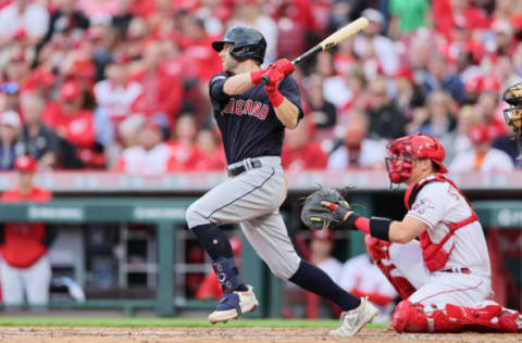 CINCINNATI, OHIO – APRIL 12: Owen Miller #6 of the Cleveland Guardian hits a double in the ninth inning against the Cincinnati Reds at Great American Ball Park on April 12, 2022 in Cincinnati, Ohio. (Photo by Andy Lyons/Getty Images)