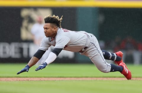 CINCINNATI, OHIO – APRIL 13: Jose Ramirez #11of the Cleveland Guardians slides in safely for a double in the sixth inning against the Cincinnati Reds at Great American Ball Park on April 13, 2022 in Cincinnati, Ohio. (Photo by Andy Lyons/Getty Images)