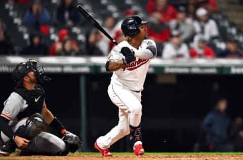 CLEVELAND, OHIO – APRIL 15: Jose Ramirez #11 of the Cleveland Guardians hits a double during the ninth inning of the home opener against the San Francisco Giants at Progressive Field on April 15, 2022 in Cleveland, Ohio. Ramirez’s double was his 1000 career hit. All players are wearing the number 42 in honor of Jackie Robinson Day. The Giants defeated the Guardians 4-1. (Photo by Jason Miller/Getty Images)