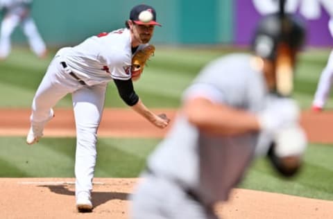 CLEVELAND, OHIO – APRIL 20: Starting pitcher Shane Bieber #57 of the Cleveland Guardians pitches during the first inning of game one of a doubleheader against the Chicago White Sox at Progressive Field on April 20, 2022 in Cleveland, Ohio. (Photo by Jason Miller/Getty Images)