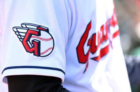 CLEVELAND, OHIO – APRIL 20: The new Cleveland Guardians logo on the uniform of Myles Straw #7 of the Cleveland Guardians prior to game one of a doubleheader against the Chicago White Sox at Progressive Field on April 20, 2022 in Cleveland, Ohio. (Photo by Jason Miller/Getty Images)