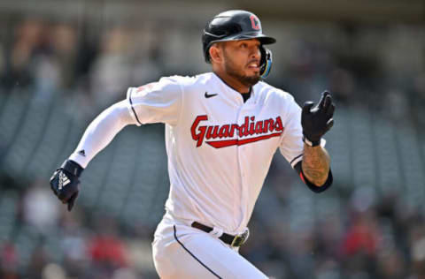 CLEVELAND, OHIO – APRIL 20: Gabriel Arias #8 of the Cleveland Guardians runs out a ground ball during the fourth inning of game one of a doubleheader against the Chicago White Sox at Progressive Field on April 20, 2022 in Cleveland, Ohio. (Photo by Jason Miller/Getty Images)