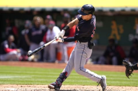 OAKLAND, CALIFORNIA – MAY 01: Steven Kwan #38 of the Cleveland Guardians bats against the Oakland Athletics in the top of the second inning at RingCentral Coliseum on May 01, 2022 in Oakland, California. (Photo by Thearon W. Henderson/Getty Images)