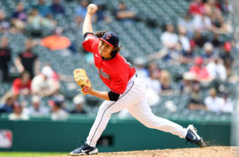 CLEVELAND, OH – MAY 19: Eli Morgan #49 of the Cleveland Guardians pitches during the eighth inning against the Cincinnati Reds at Progressive Field on May 19, 2022 in Cleveland, Ohio. (Photo by Nick Cammett/Getty Images)