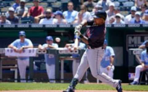 KANSAS CITY, MO – JULY 10: Jose Ramirez #11 of the Cleveland Guardians hits in the first inning against the Kansas City Royals at Kauffman Stadium on July 10, 2022 in Kansas City, Missouri. (Photo by Ed Zurga/Getty Images)