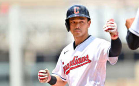 CLEVELAND, OHIO – AUGUST 07: Steven Kwan #38 of the Cleveland Guardians celebrates after hitting a single during the third inning against the Houston Astros at Progressive Field on August 07, 2022 in Cleveland, Ohio. (Photo by Jason Miller/Getty Images)