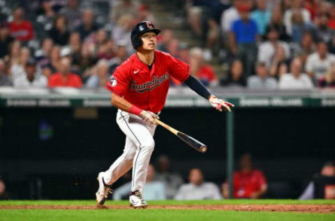 CLEVELAND, OHIO – AUGUST 17: Steven Kwan #38 of the Cleveland Guardians hits an RBI ground-rule double during the eighth inning against the Detroit Tigers at Progressive Field on August 17, 2022 in Cleveland, Ohio. (Photo by Jason Miller/Getty Images)