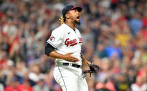 CLEVELAND, OHIO – AUGUST 19: Closing pitcher Emmanuel Clase #48 of the Cleveland Guardians celebrates after the last out to end the game and defeat the Chicago White Sox at Progressive Field on August 19, 2022 in Cleveland, Ohio. The Guardians defeated the White Sox 5-2. (Photo by Jason Miller/Getty Images)