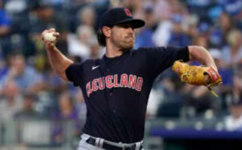 KANSAS CITY, MISSOURI – SEPTEMBER 06: Starting pitcher Shane Bieber #57 of the Cleveland Guardians throws in the first inning against the Kansas City Royals at Kauffman Stadium on September 06, 2022 in Kansas City, Missouri. (Photo by Ed Zurga/Getty Images)