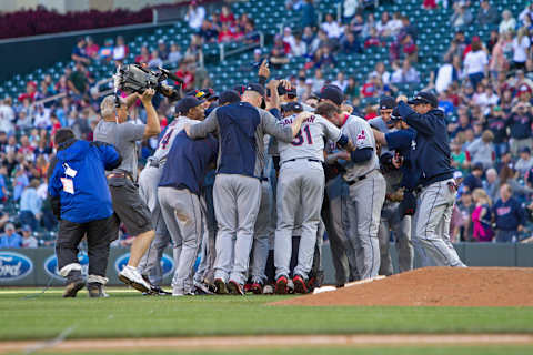 MINNEAPOLIS, MN – SEPTEMBER 29: The Cleveland Indians celebrate following the game against the Minnesota Twins on September 29, 2013 at Target Field in Minneapolis, Minnesota. The Indians defeated the Twins 5-1. (Photo by Brace Hemmelgarn/Minnesota Twins/Getty Images)