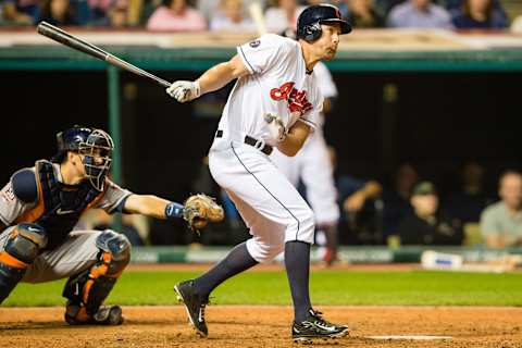 CLEVELAND, OH – JULY 8: David Murphy #7 of the Cleveland Indians hits a two RBI double to right during the eighth inning against the Houston Astros at Progressive Field on July 8, 2015 in Cleveland, Ohio. (Photo by Jason Miller/Getty Images)