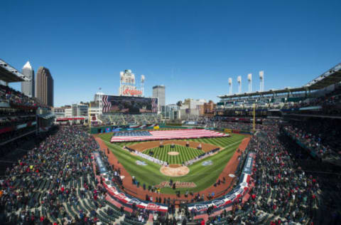 CLEVELAND, OH – APRIL 5: A general stadium view of Progressive Field during the national anthem at the opening day game between the Cleveland Indians and the Boston Red Sox at Progressive Field on April 5, 2016 in Cleveland, Ohio. (Photo by Jason Miller/Getty Images)