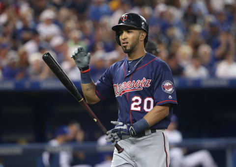 TORONTO, CANADA – AUGUST 26: Eddie Rosario #20 of the Minnesota Twins reacts after striking out in the fourth inning during MLB game action against the Toronto Blue Jays on August 26, 2016 at Rogers Centre in Toronto, Ontario, Canada. (Photo by Tom Szczerbowski/Getty Images