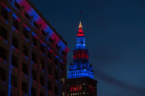 Terminal Tower near Progressive Field, Home of the Cleveland Guardians (Photo by Justin Merriman/Getty Images)