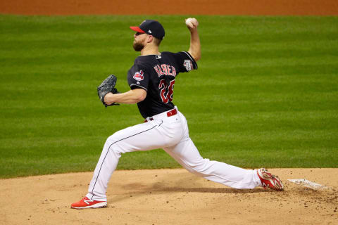 CLEVELAND, OH – NOVEMBER 02: Corey Kluber #28 of the Cleveland Indians pitches in the first inning against the Chicago Cubs in Game Seven of the 2016 World Series at Progressive Field on November 2, 2016 in Cleveland, Ohio. (Photo by Jamie Squire/Getty Images)