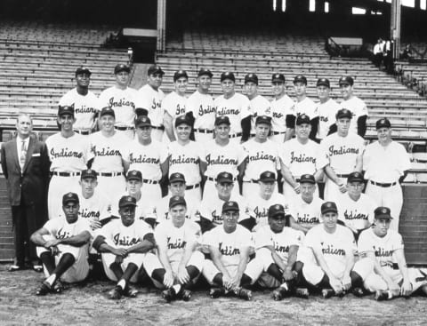 CLEVELAND – 1954. The American League Champion Cleveland Indians pose for their team photograph in 1954. Larry Doby and Early Wynn are in the back row, far left and second from left, and Bob Lemon second from right. Bob Feller is in the middle row, second from left, and manager Al Lopez is in the second row from the bottom, center. (Photo by Mark Rucker/Transcendental Graphics, Getty Images)