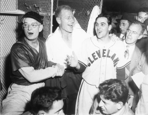 Cleveland Indians (L-R) are coach Bill McKechnie, owner Bill Veeck, and manager Lou Boudreau (Photo by Mark Rucker/Transcendental Graphics, Getty Images)