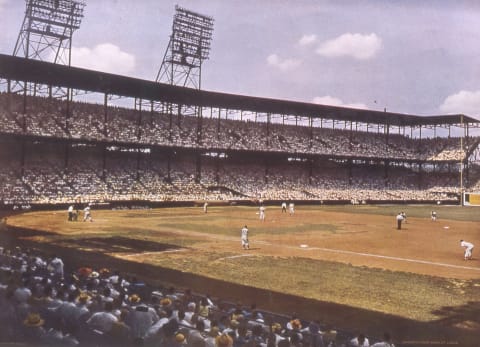 CLEVELAND – 1954. View in color of Cleveland Stadium in 1954 with a game in progress. (Photo by Mark Rucker/Transcendental Graphics, Getty Images)