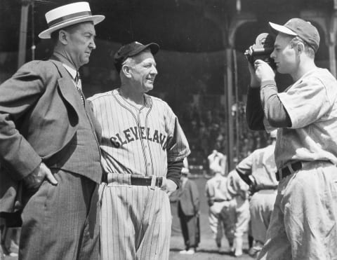 NEW YORK – JULY 11, 1939. Before the start of the 1939 All Star game at Yankee Stadium in New York, Cincinnati pitcher Johnny Vandermeer makes some home movies of the festivities, getting Grover Cleveland Alexander, left, and Tris Speaker on film. (Photo by Mark Rucker/Transcendental Graphics, Getty Images)