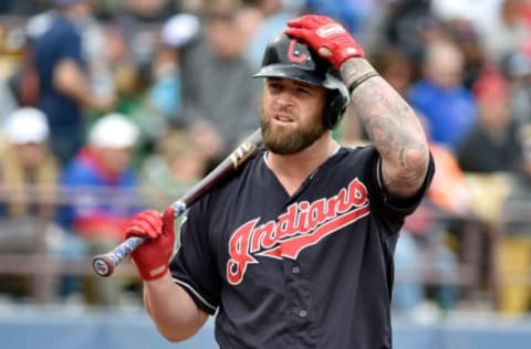 LAS VEGAS, NV – MARCH 17: Mike Napoli #32 of the Cleveland Indians steps up to the batter’s box during an exhibition game against the Chicago Cubs at Cashman Field on March 17, 2018 in Las Vegas, Nevada. (Photo by David J. Becker/Getty Images)