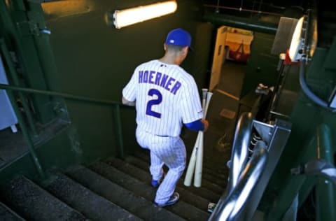 CHICAGO, ILLINOIS – SEPTEMBER 14: Nico Hoerner #2 of the Chicago Cubs heads to the clubhouse after his team’s 14-1 win over the Pittsburgh Pirates at Wrigley Field on September 14, 2019 in Chicago, Illinois. (Photo by Nuccio DiNuzzo/Getty Images)