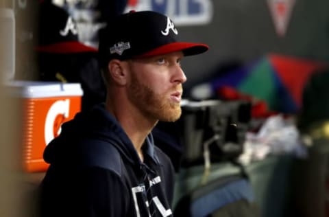 ATLANTA, GEORGIA – OCTOBER 09: Mike Foltynewicz #26 of the Atlanta Braves looks on against the St. Louis Cardinals during the sixth inning in game five of the National League Division Series at SunTrust Park on October 09, 2019 in Atlanta, Georgia. (Photo by Todd Kirkland/Getty Images)