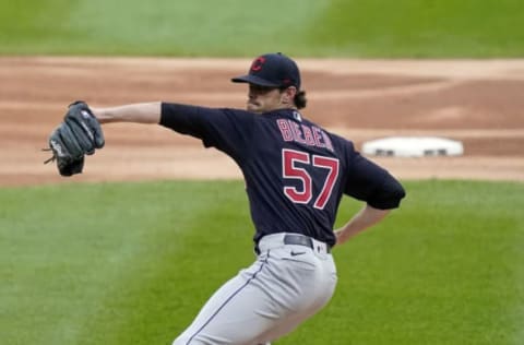 CHICAGO, ILLINOIS – AUGUST 09: Shane Bieber #57 of the Cleveland Indians throws a pitch during the first inning of a game against the Chicago White Sox on August 09, 2020 in Chicago, Illinois. (Photo by Nuccio DiNuzzo/Getty Images)