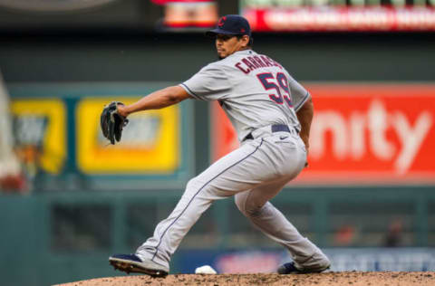 MINNEAPOLIS, MN – AUGUST 01: Carlos Carrasco #59 of the Cleveland Indians pitches against the Minnesota Twins on August 1, 2020 at Target Field in Minneapolis, Minnesota. (Photo by Brace Hemmelgarn/Minnesota Twins/Getty Images)