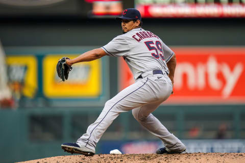 Carlos Carrasco #59 of the Cleveland Indians (Photo by Brace Hemmelgarn/Minnesota Twins/Getty Images)