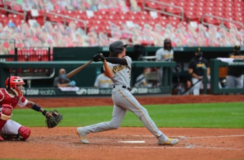 ST LOUIS, MO – AUGUST 27: Cole Tucker #3 of the Pittsburgh Pirates bats against the St. Louis Cardinals at Busch Stadium on August 10, 2020 in St Louis, Missouri. (Photo by Dilip Vishwanat/Getty Images)