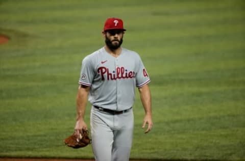 MIAMI, FLORIDA – SEPTEMBER 10: Jake Arrieta #49 of the Philadelphia Phillies walks to the dugout after pitching against the Miami Marlins at Marlins Park on September 10, 2020 in Miami, Florida. (Photo by Mark Brown/Getty Images)