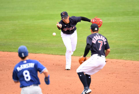 Andres Gimenez #0 of the Cleveland Indians underhands the ball to Cesar Hernandez #7 (Photo by Norm Hall/Getty Images)