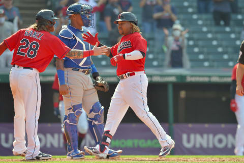 Cleveland Indians Ben Gamel #28 celebrates with Jose Ramirez #11 (Photo by Jason Miller/Getty Images)