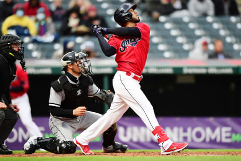 CLEVELAND, OHIO – APRIL 20: Eddie Rosario #9 of the Cleveland Indians during a game between the Cleveland Indians and Chicago White Sox (Photo by Emilee Chinn/Getty Images)