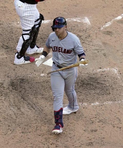 Jake Bauers #10 of the Cleveland Indians reacts after striking out (Photo by Nuccio DiNuzzo/Getty Images)