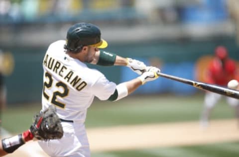 OAKLAND, CA – JULY 20: Ramón Laureano #22 of the Oakland Athletics bats during the game against the Los Angeles Angels at RingCentral Coliseum on July 20, 2021 in Oakland, California. The Athletics defeated the Angels 6-0. (Photo by Michael Zagaris/Oakland Athletics/Getty Images)