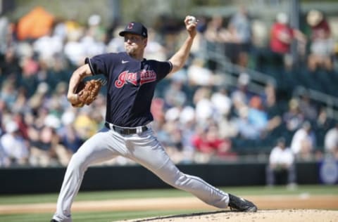 Scott Moss of the Cleveland Indians pitches during the game against the Oakland Athletics at Hohokam Stadium. (Photo by Michael Zagaris/Oakland Athletics/Getty Images)