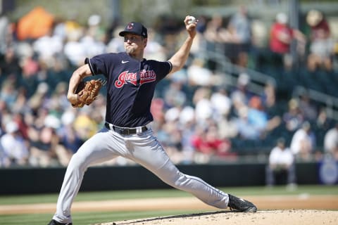 Scott Moss #74 of the Cleveland Indians (Photo by Michael Zagaris/Oakland Athletics/Getty Images)