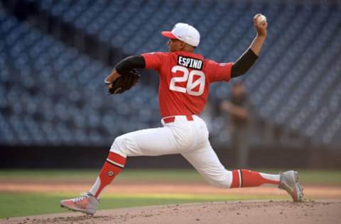 Aug 12, 2018; San Diego, CA, U.S.A; East team pitcher Daniel Espino (20) pitches to a West team batter during the first inning the of the 2018 Perfect Game All-American Classic baseball game at Petco Park. Mandatory Credit: Orlando Ramirez-USA TODAY Sports