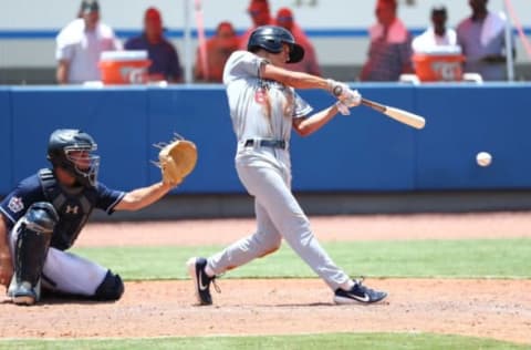 Jun 21, 2019; Bradenton, FL, USA; Team Jeter outfielder Petey Halpin (6) reaches base on error during the third inning at IMG Academy. Mandatory Credit: Kim Klement-USA TODAY Sports