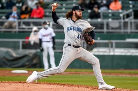 Captains’ Hunter Gaddis pitches to a Lugnuts batter during the third inning on Tuesday, May 4, 2021, at Jackson Field in Lansing.210504 Lugnuts Home Opener 093a