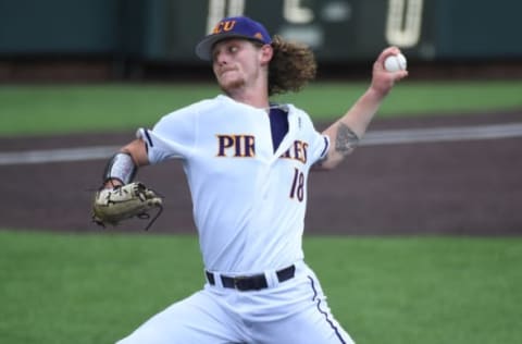 Jun 12, 2021; Nashville, TN, USA; East Carolina Pirates pitcher Carson Whisenhunt (18) throws during the second inning against the Vanderbilt Commodores in the Nashville Super Regional of the NCAA Baseball Tournament at Hawkins Field. Mandatory Credit: Christopher Hanewinckel-USA TODAY Sports